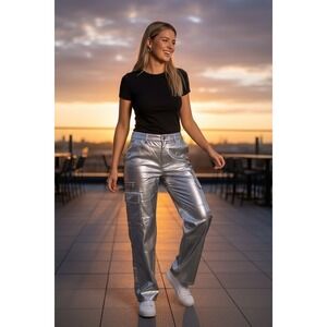 "No Boundaries" Womens Silver Metallic Cargo Pants Wide Leg High Rise M 8-10